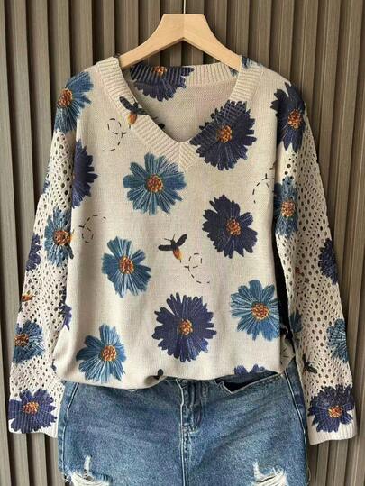 女士休闲日常花卉图案拼布镂空针织毛衣