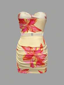 女士夏季新款露肩不对称下摆上衣和褶边下摆短裙两件套性感套装，适合度假和海滩 - 杏色 - 查看 4