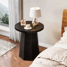 Tribesigns Farmhouse Round End Table, Wooden Couch Side Table With Octagonal Base, Black Nightstand Pedestal Accent Furniture For Living Room, Bedroom - 黑色 - 查看 5