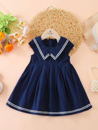 Young Girls' Contrast Stripe Sailor Collar Dress, Summer Back To School