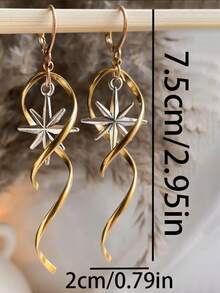 2pcs Elegant Boho Cosmic North Star Spiral Hoop Earrings, Gold Tone, Suitable For Women's Daily Wear, Dating, Holiday, Party, Festival Gifts, Jewelry Gifts - Gold - View 4