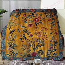 بطانية من الفِلِين ذات طبعة زهور وطيور عتيقة - ناعمة وممتعة للاستخدام على مدار السنة للأريكة والسرير والسيارة والمكتب والتخييم والسفر - ذات خلفية صفراء غنية بالتصميم النباتي التفصيلي، بطانية شتوية وصيفية | بطانية ملونة بطبعة نباتات | بطانية من البوليستر