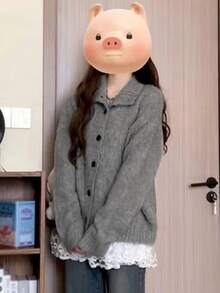 女士灰色翻领针织开衫，休闲宽松长袖毛衣上衣，秋冬 - 灰色 - 查看 3