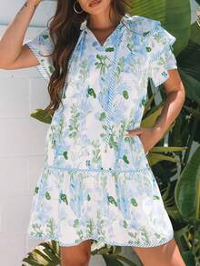Women's Floral & Striped Print Ruffle Hem Cap Sleeve Vacation Dress, Summer - Blue - View 1