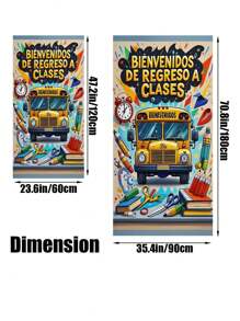 1 Stück Semesteranfang Thema Banner, hergestellt aus Polyesterstoff, mit gelbem Schulbus, Wecker, Schreibwaren, mit buntem Spritzlackenhintergrund und spanischem Text "BIENVENIDOS DE REGRESO A CLASES" (Willkommen Rücken in die Klasse), lebendiger kreativer Stil mit detailliertem, lebhaftem Design, geeignet für die Schuleröffnungszeit, Szenen des ersten Schultags, kann Klassenzimmertüren, Campusaktivitätsbereiche dekorieren, um eine herzliche Begrüßung zu vermitteln.