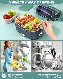 Lonchera Eléctrica - Fiambrera eléctrica de 60 a 80 W para adultos, calentador de alimentos portátil para coche, camión, trabajo, con tenedor y cuchara de acero inoxidable (Gray) - Gris - Ver 5