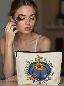 1pc Autumn Pumpkin Sunflower Maple Leaf Bow Letter Linen Printed Makeup Bag, Cute Travel Cosmetic Pouch And Multifunctional Coin Purse, Lightweight Gift For Women