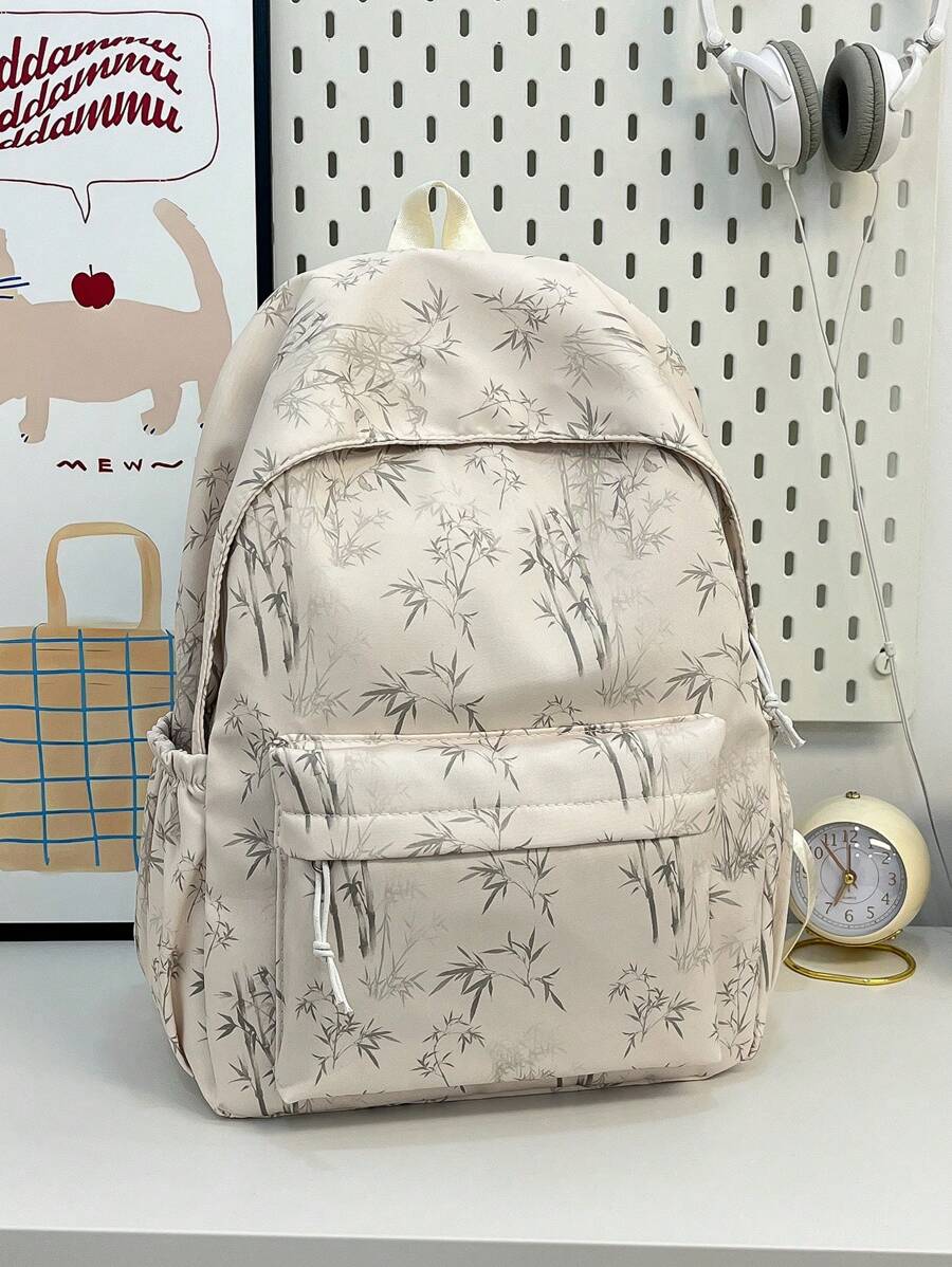 1 buc Rucsac de damă cu capacitate mare, din nailon alb, cu fermoar neted, cu imprimeu de frunze de bambus, la modă, versatil, casual, 2025, vară nouă, elegantă, unică