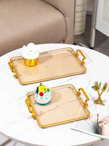 1pc Nordic Style Rectangular Plastic Tray With Golden Handles And Decorative Edges - Multifunctional Home Decor Jewelry Dish, Party Snack Tray - Stylish Design, Minimalist Style, High-Quality Craftsmanship, Jewelry Storage Box