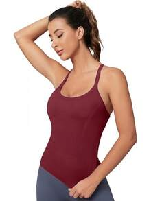 Workout Tops Women With Built In Bra, Sleeveless Gym Tops Seamless Racerback Athletic Yoga Shirts, Activewear - 酒紅色 - 查看 6