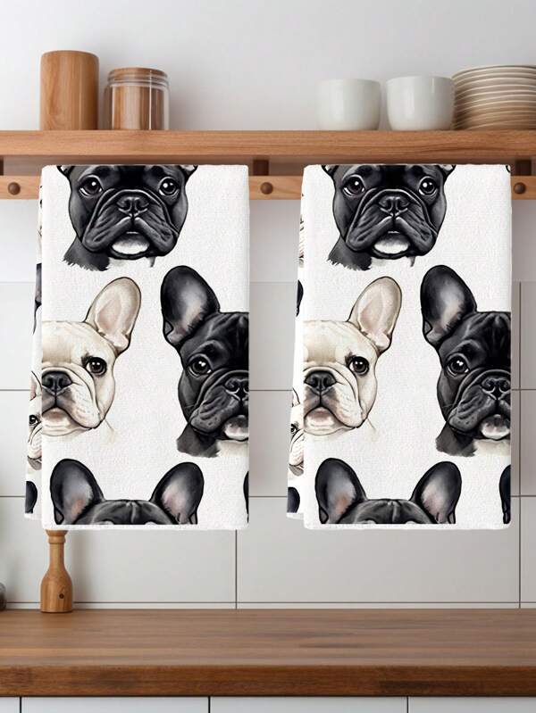 2Pcs Vintage French Bulldog Pattern Hand Towels, Soft Absorbent Polyester Knit Fabric, Cartoon Themed Oblong Hand Wash Only Kitchen & Bathroom Decor Towels