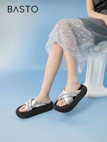 BASTO 简约通勤休闲厚底水钻一脚蹬凉鞋，女士厚底，适合夏季日常、休闲、办公室、海滩