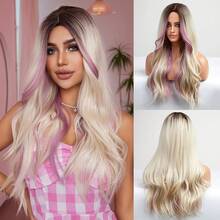 OMELPIS Long Ombre Blonde Wig With Bangs For Women Natural Layered Wavy Wigs Brown Roots Heat Resistant Synthetic Fiber High Density Curly Hair For Daily Party Holiday Dating Use 24'' - Pink - View 13