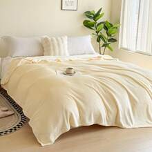 1pc Plain Color Flannel Blanket, Suitable For Bedroom, Sofa, All Season - Light Yellow - View 5