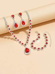4pcs Bride Jewelry Set: Necklace, Earrings, Bracelet, Fully Rhinestone Waterdrop Floral Design For Women Evening Dress