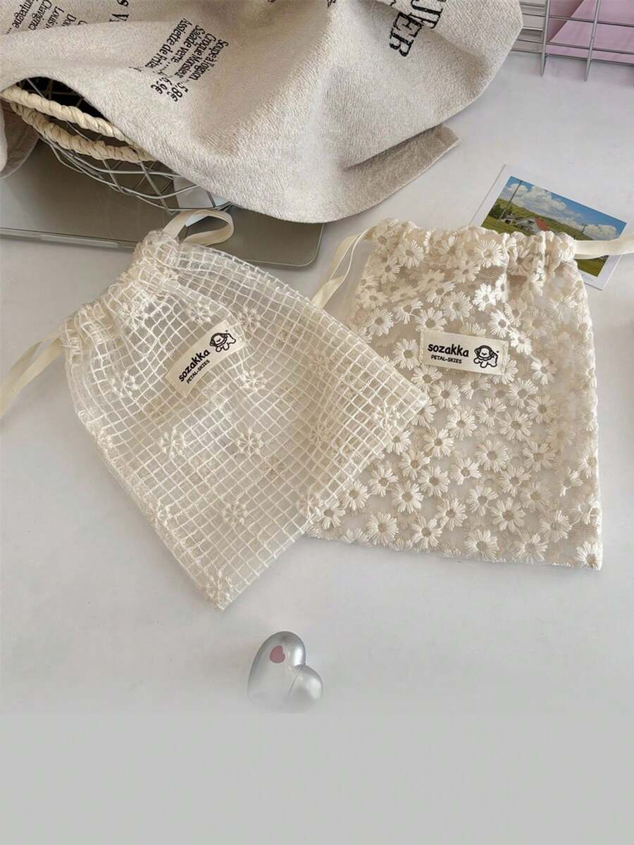 1Pc Mesh Large Capacity Small Multifunctional Foldable Storage Bag Daisy Mesh Drawstring Cosmetics Stationery General Miscellaneous Items,Bedroom Room Decor,Back To School - Multicolor - View 1