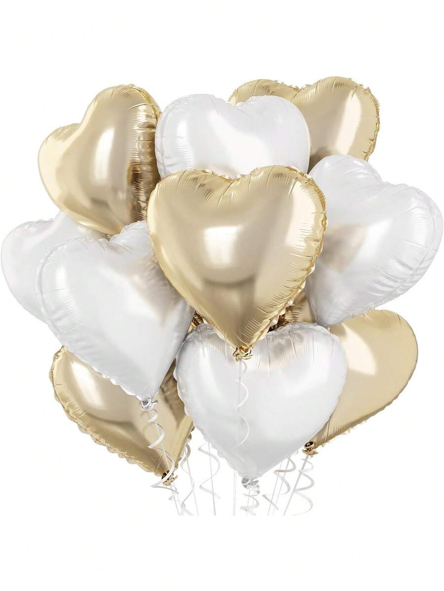 10/20个18英寸金色和白色心形铝箔气球，大号浅黄色和白色心形铝箔气球，适用于生日、婚礼、毕业典礼、情人节和其他场合 - 彩色 - 查看 1