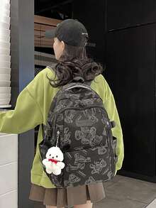 可爱小熊印花休闲背包，大容量，学生风，清新气息，带挂坠，适合学生