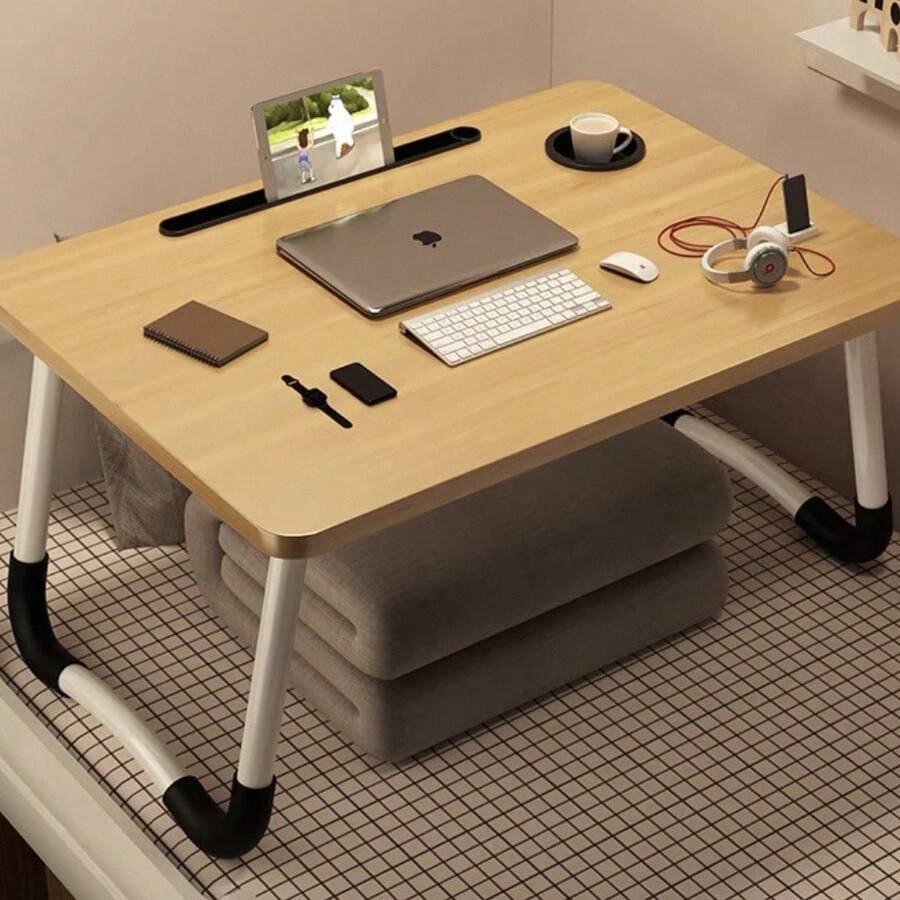 Mesa plegable multifunción con ranura y soporte para bebidas / cajón - Opciones de color: roble claro, blanco, negro texturizado, negro mate + Patas antideslizantes - Melocotón claro - Ver 1