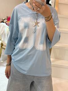Jersey Shirts For Women Y2k Oversized T Shirt Number Graphic Tees V Neck Half Sleeve Streetwear Tops - 藍色 - 查看 3