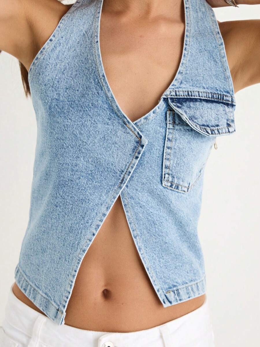 BIANCO LUCCI Women's Casual Sleeveless Single Button Denim Blouse Slit Hem - Blue - View 1