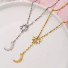 1 Pc Sun & Moon Stainless Steel Pendant Necklace, Minimalist Style Long Chain Necklace, European American Design
