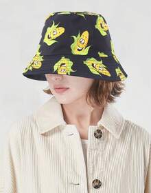 Reversible Bucket Hat For Women, Cute Beach Fisherman Style - Corn Black - View 2