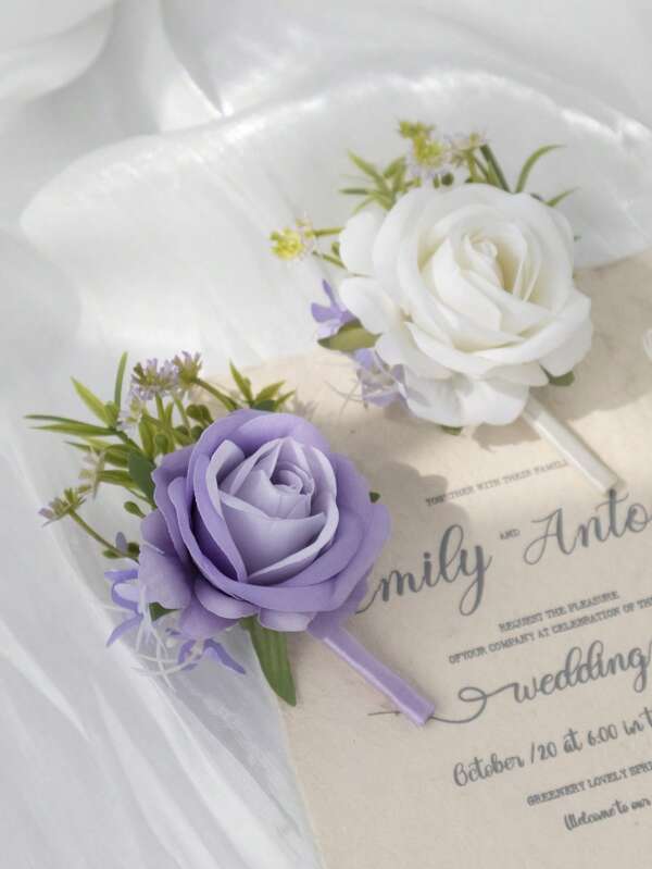 1Pc Artificial Flowers Wedding Boutonniere For Groom Groomsmen,Real Touch Fake Rose Lapel Pin,Boho Wedding,Elegant Men's Corsage For Suit, Prom, Formal Events(Ivory,Lavender)
