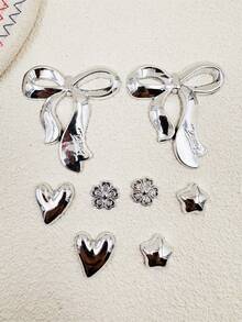8pcs Set Fashionable Silver Large Bow Asymmetrical Heart DIY Accessories, Shoe Decor, Suitable For Slippers, Sandals, Shoelace Decoration - Silver - View 3