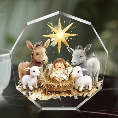 1pc Nativity Scene Acrylic Plaque Sign, Jesus Yellow Grey Donkey Sheep Nine Sided Sign, Christian Gifts For Women Faith, Room Decor, Desk Decoration, Table Decorative Ornament, Ideal Holy Night Christmas Winter Decoration