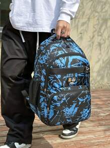 Casual Large Capacity Backpack With Colorblock Pattern & Multiple Pockets, Suitable For Outdoor Sports And Short-Distance Travel, For Men School Bag