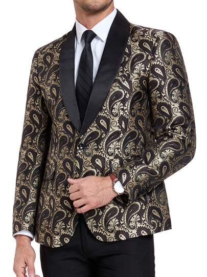 男士腰果花图案披肩领单扣派对西装外套，金色，尺码 XS-XXXL