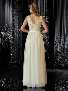 毕业晚会女式优雅 V 领亮片紧身胸衣网眼覆盖连衣裙腰部褶皱纯色优雅正式晚会舞会婚礼宾客礼服、派对礼服、婚纱、正式礼服、晚礼服、生日女士服装、毕业礼服、夏季婚礼伴娘 - 香檳色 - 查看 2