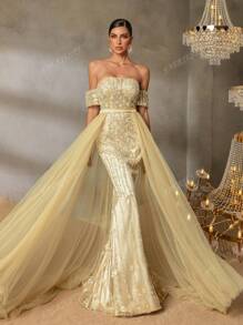 Faeriesty Faeriesty Elegant Off-Shoulder Evening Gown With Adjustable Back Tie Closure, Sheer Tulle Extensions & Dramatic Mermaid Silhouette - Perfect For Red Carpet Galas, Black-Tie Weddings, Opera Performances, Gala Dinners, High-Profile Charity Events