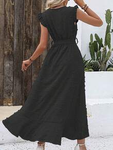 Vestido Largo De Color Sólido Para Mujer Con Cinturón De Tela,Vestido Con Olán y Corte Bajo Asimétrico - Negro - Ver 2