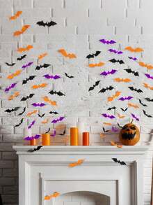 72 件万圣节蝙蝠装饰，4 种不同尺寸逼真 PVC 黑紫和橙色 3D 蝙蝠贴纸，适用于家居装饰 DIY 墙贴，室内、室外万圣节派对用品、DIY、浴室、酒吧、办公室、室内、万圣节派对用品、家居装饰秋季、圣诞节