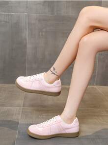 女士新款春秋多功能系带圆头复古休闲鞋，软底软绒面阿甘鞋，休闲拼色平底鞋，学院风休闲运动运动鞋，学生鞋 - 粉色 - 查看 1