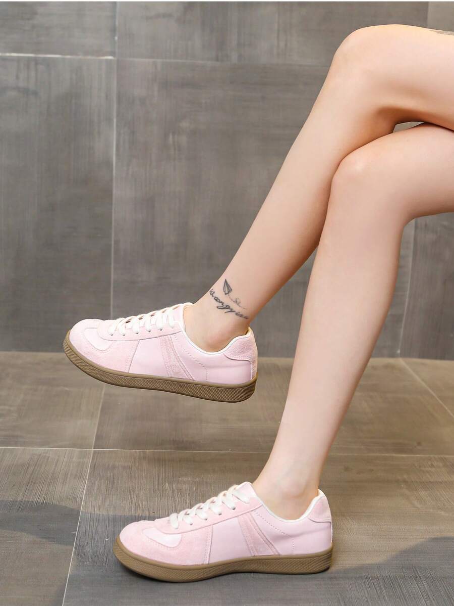 女士新款春秋多功能系带圆头复古休闲鞋，软底软绒面阿甘鞋，休闲拼色平底鞋，学院风休闲运动运动鞋，学生鞋 - 粉色 - 查看 1
