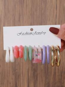 12pcs/Set Boho Style Acrylic Resin C-Shape Round Geometric Waterdrop Earrings, Suitable For Women's Daily Wear, Summer Beach Holiday, Gift