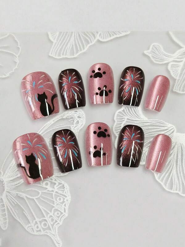A Set Of 10-Piece Short-Style Exquisitely Handcrafted Wearable Nail Pieces. Cat's Eye Hand-Painted Fireworks With Little Kittens, Sparkling Fake Nail Accessories, Exuding An Advanced, Retro And Wealthy Young Lady's Temperament, Making The Hands Look Fairer. This Fingernail Set Is Suitable For Music Festivals, Parties, Dances, And Daily Wear. It Can Be Pressed And Reused. Comes With A Piece Of Jelly Glue And A Nail File.