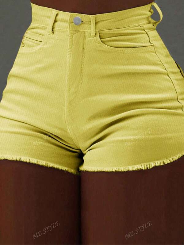 Y2K Women's Cute Raw Edge Pocket Denim Stretch High Waist Shorts