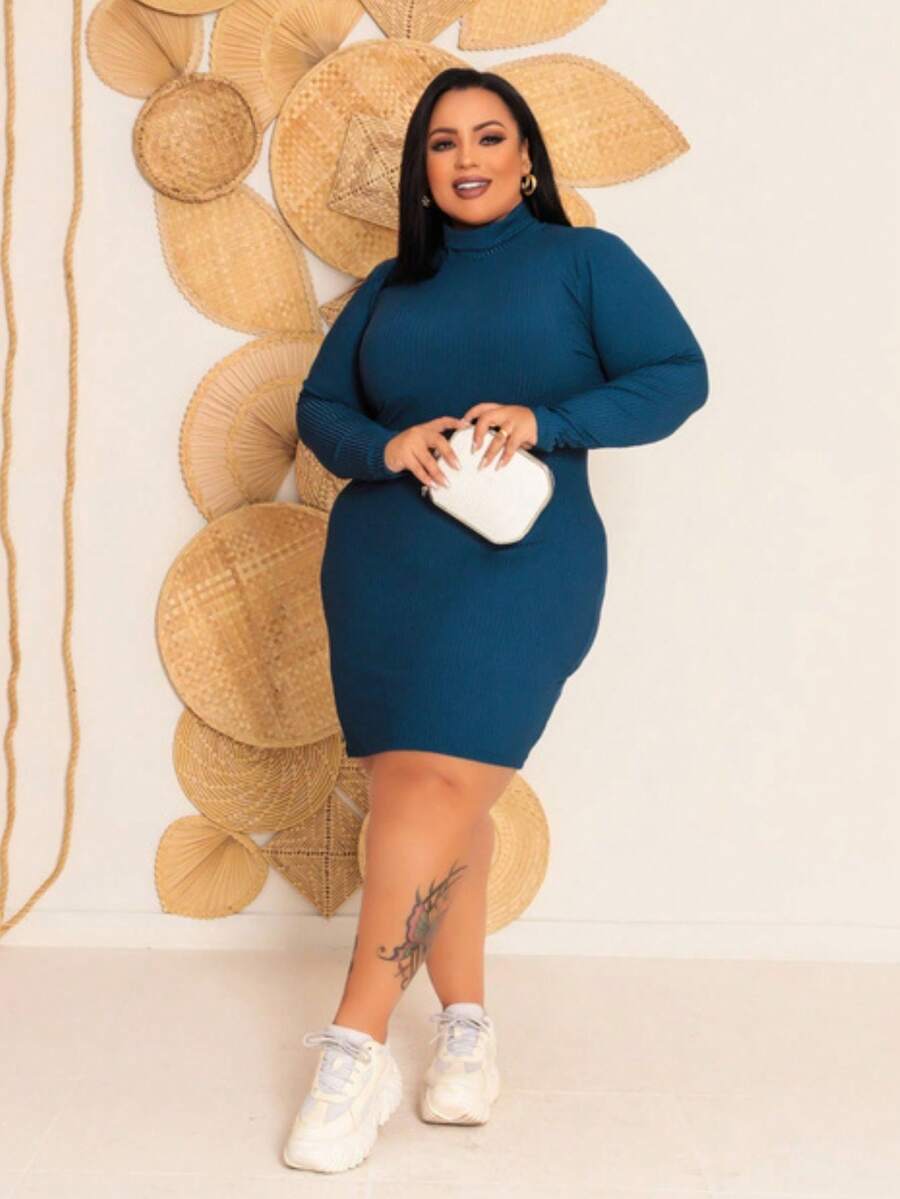 Women's Plus Size Dress Long Sleeve High Neck Elegant Premium Ribbed Fabric - Teal Blue - View 1