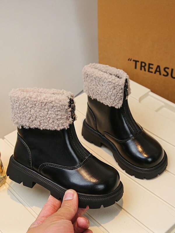 1 Pair Kids Solid Color Fashion Boots, Simple High-Top Round Toe Snow Boots For Winter