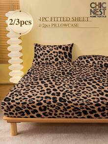 2/3件套棕色豹纹床上用品套装（1件床笠+1/2个枕套），柔软透气，适用于单人床、双人床、大号床、特大号床，床笠深度最大可达11.8英寸，家用纺织品