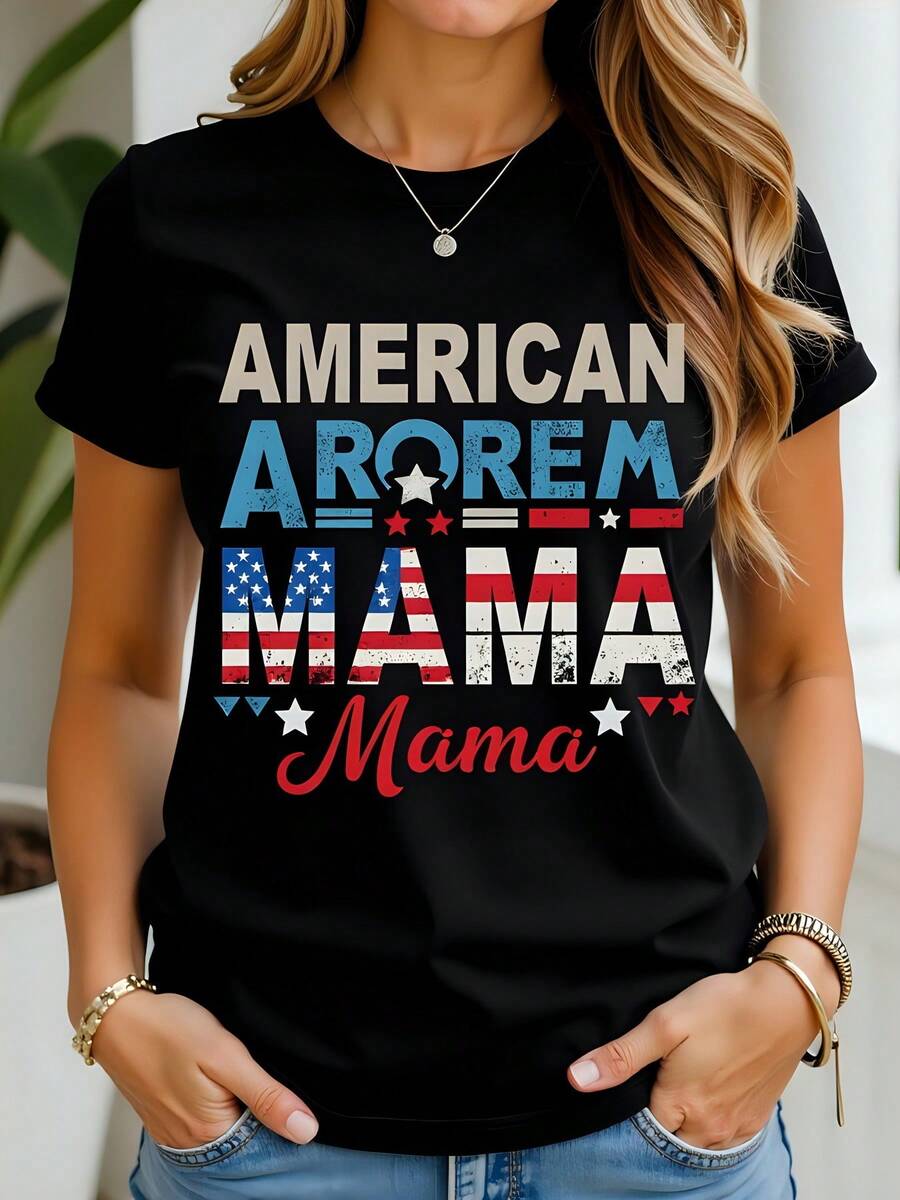 Camiseta de 180g algodón cuello redondo camiseta de manga corta con estampado American Mama estilo patriótico ideal para el Día de la Madre y celebraciones familiares - Negro - Ver 1