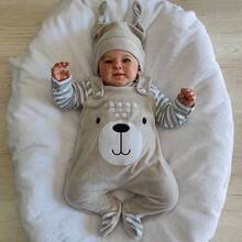 Baby Boy Kids Friend Embroidered Bear Beige/Mixed 03 Pieces Plush And Knit Overalls With Long Sleeve Bodysuit Warm Winter - 灰色 - 查看 2