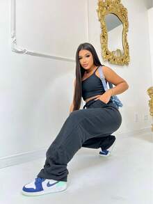 Women's Premium Flannel Sweatpants, Wide Leg Pants With Functional Pockets, Thick Fabric, High Waist, Winter, Cold, Modern, Plain, Basic, Autumn, Versatile, Modern, Comfortable, Plain, Casual, Elegant, Warm, Quality - Black - View 4