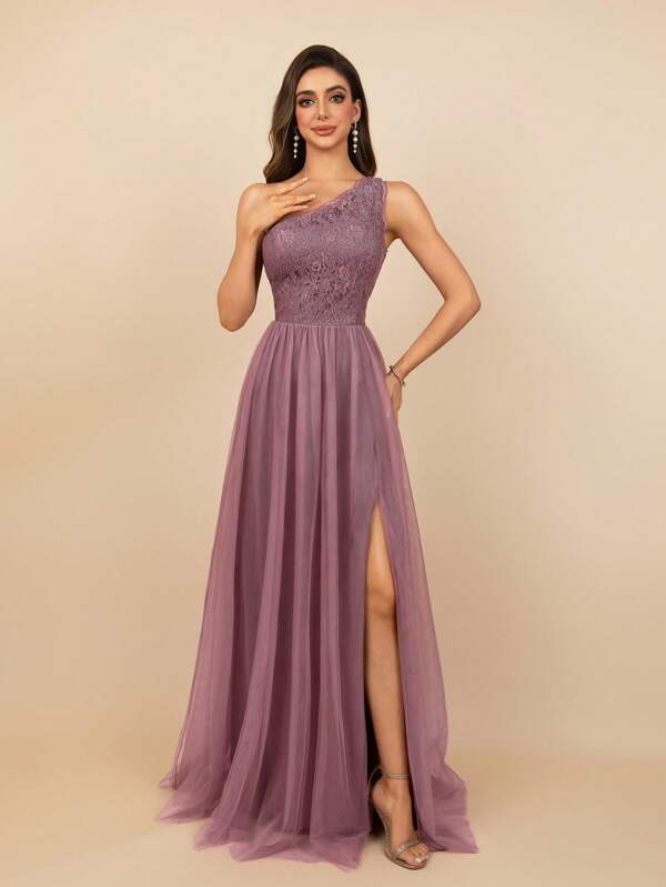 MOEVIO One-Shoulder Lace & Mesh A-Line Split Thigh Backless Long Formal Evening Party Dress, Chic Graduation Dress, Prom Dresses For Women, Wedding Guest Dresses Ladies, Birthday Women Outfits, Fall Modest Dresses For Women