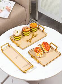 1pc Nordic Style Rectangular Plastic Tray With Golden Handles And Decorative Edges - Multifunctional Home Decor Jewelry Dish, Party Snack Tray - Stylish Design, Minimalist Style, High-Quality Craftsmanship, Jewelry Storage Box