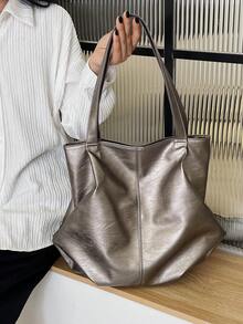 Large Capacity Tote Bag, Retro Style Faux Leather Handbag With Front Pocket For Work & Travel - Gold - View 8